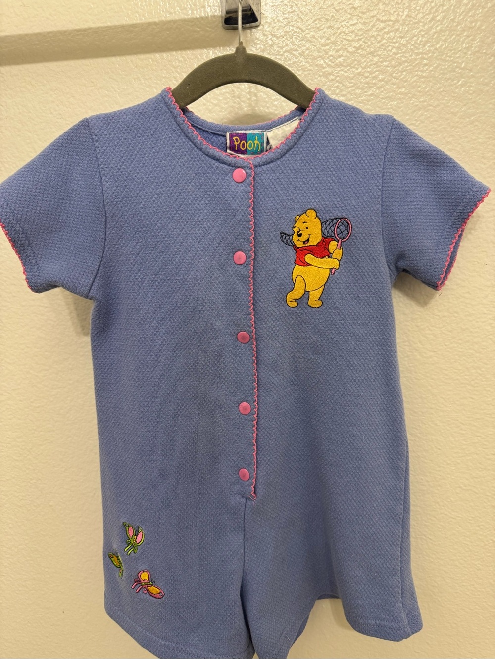 Pooh Blue Short-Sleeve Kids One-Piece Bodysuit with Pink Trim